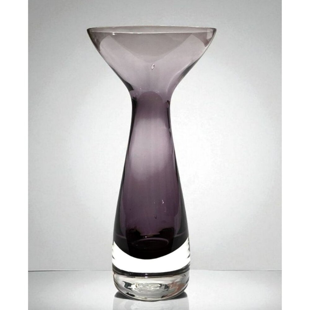 MCM Purple Amethyst Vase Trumpet Scandinavian Art Glass Flare Clear Base 5.75"
